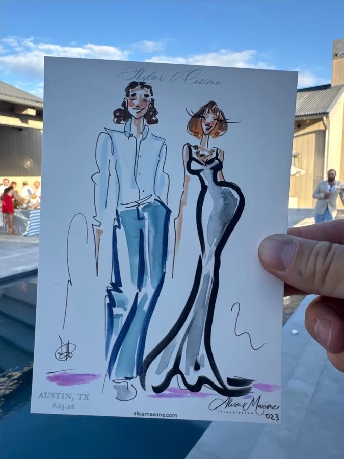 The finished sketch of the couple, held up by the pool