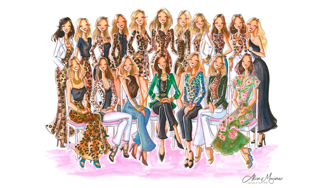 A fashion sketch of a group of eighteen women