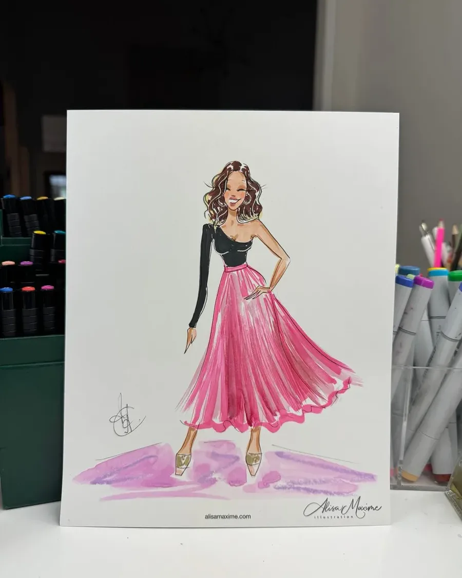 A fashion sketch of one woman in a pink gown