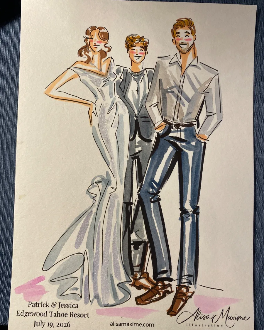 A fashion sketch of three people at a wedding