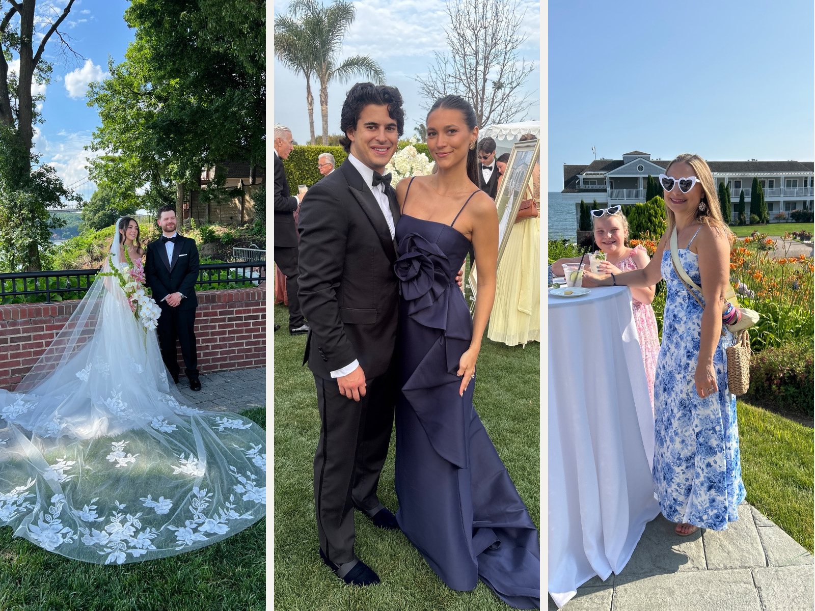Three wedding guests photographed outdoors for their sign-up